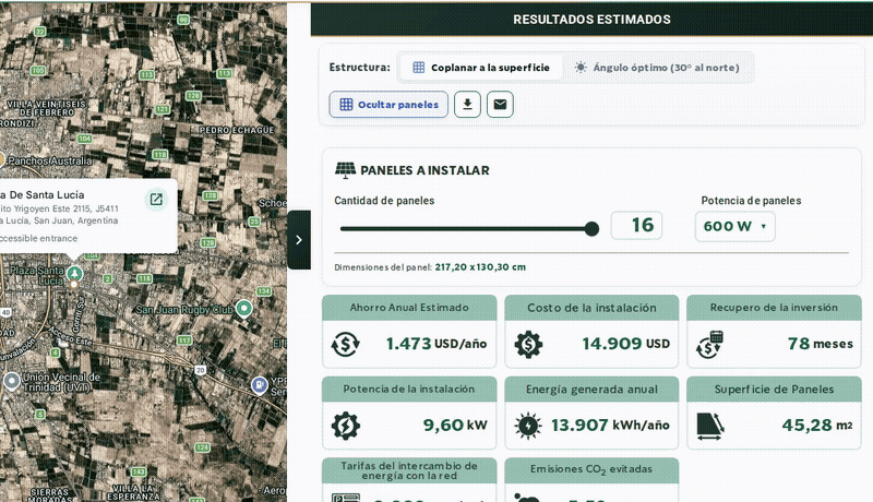 Ajuste dinámico de potencia y cantidad de paneles fotovoltaicos con recálculo automático de resultados.